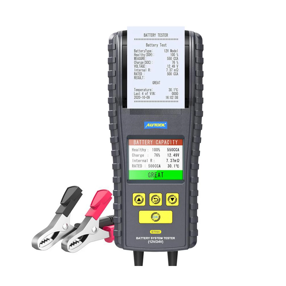 AUTOOL BT860 12- 24V Car Battery Tester with Printer & Real Time Temperature Monitoring 3.2inch Color Screen Battery Tester Tool