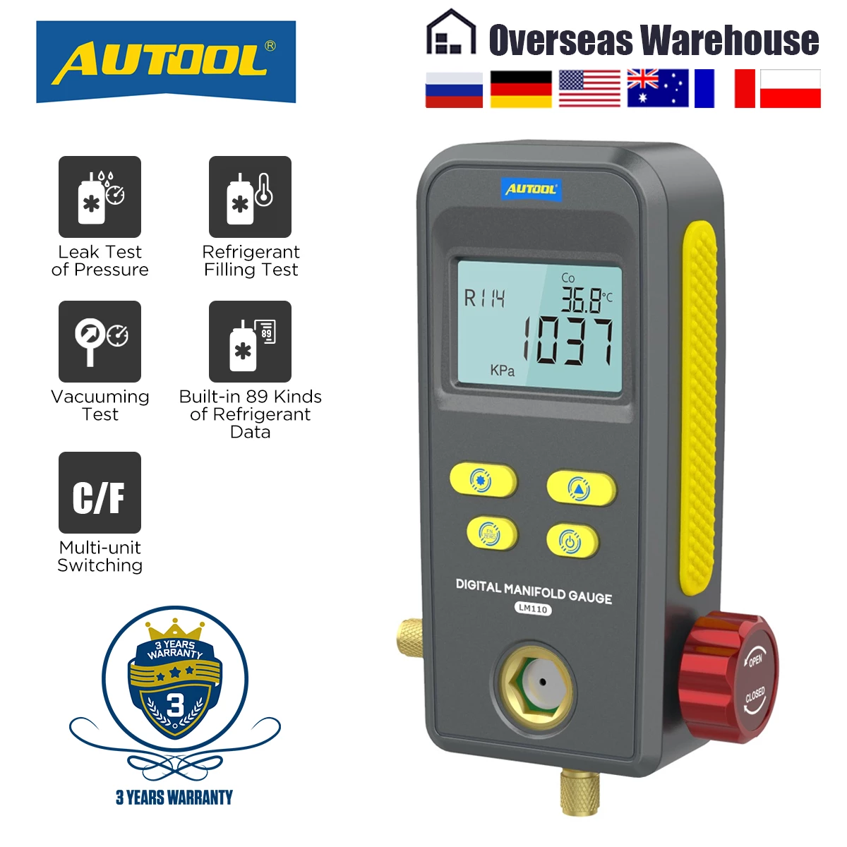 AUTOOL LM110 Digital Manifold Meter Air Conditioner Refrigerant Leak Tester Pressure Gauge Kit HVAC Vacuum Temperature Tester