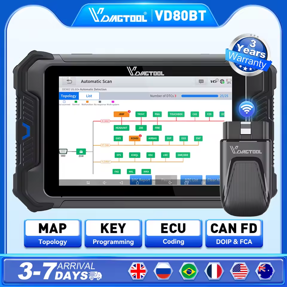 VDIAGTOOL VD80 BT Automotive Scanner Car Diagnostic Tools Topology Map Bidirectional Coding ECU Online Coding CAN FD DOIP FCA