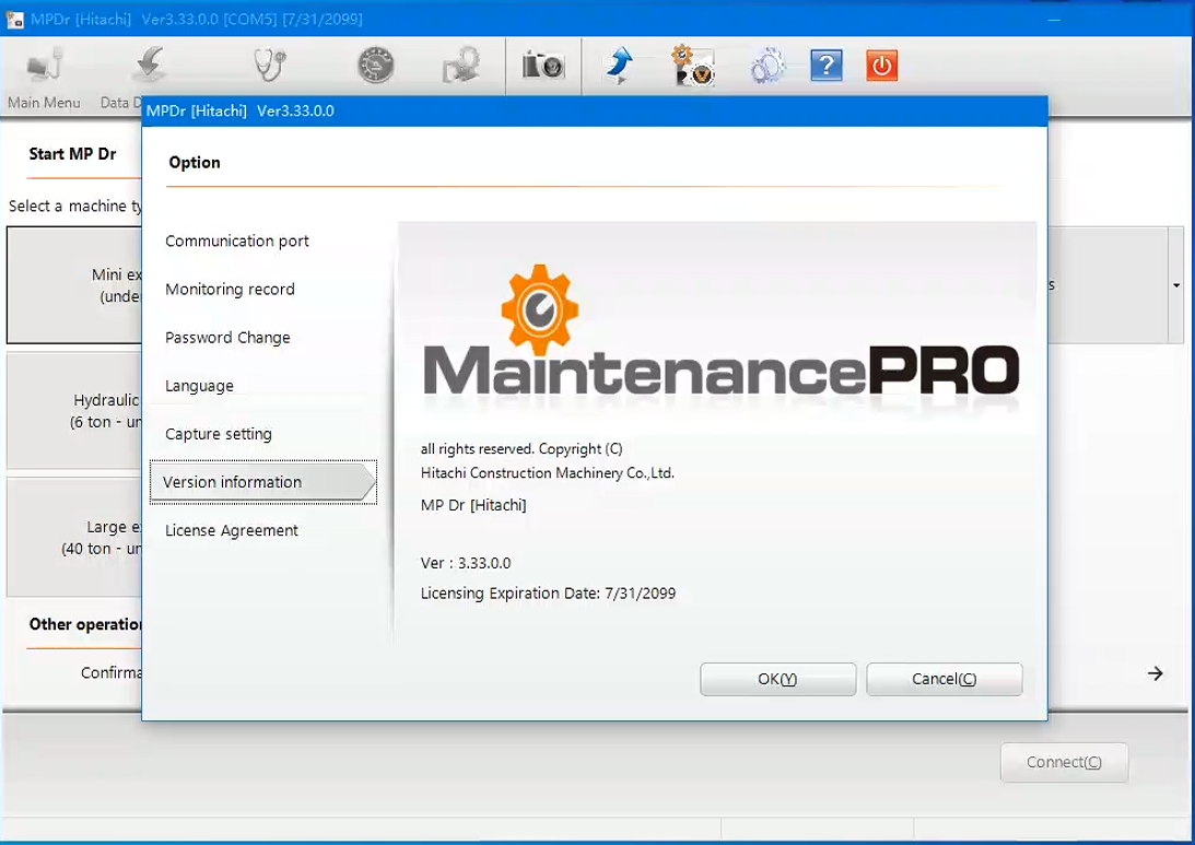 2023.09 High-Speed Hitachi Tier4 MPDR Diagnostic Software V3.33 for Hitachi Excavator Models ZX-3G, ZX-1, and ZX-3