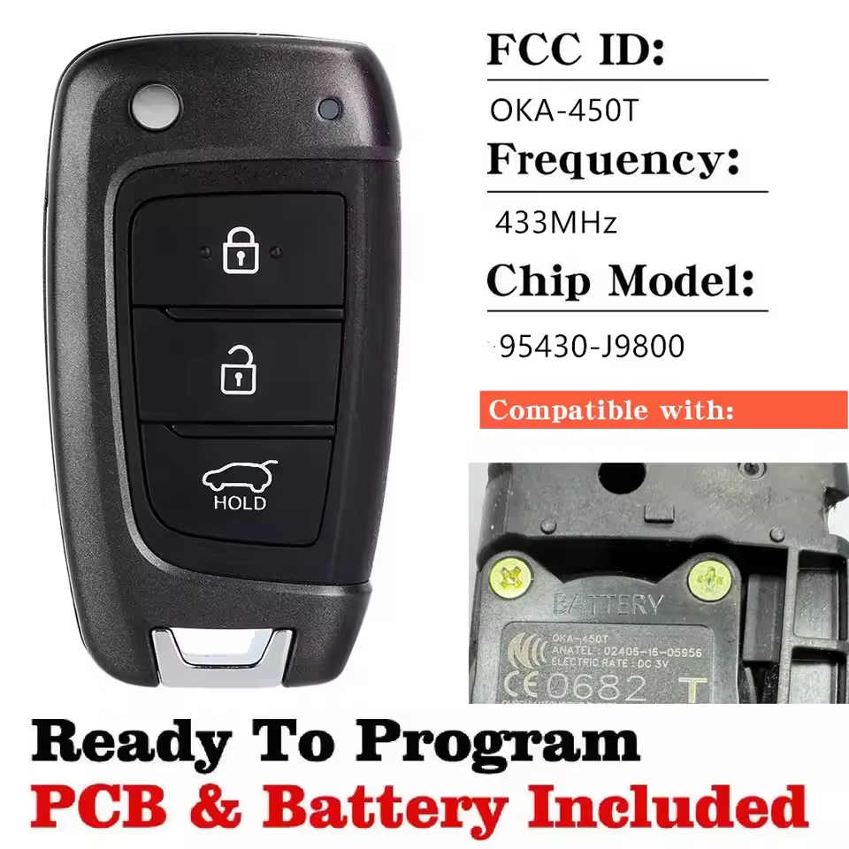OEM Original Flip Remote Control Key 3Button Fob 433MHz for 2017 2018 2019 2020 Hyundai Kona 95430-J9800 OKA-450T