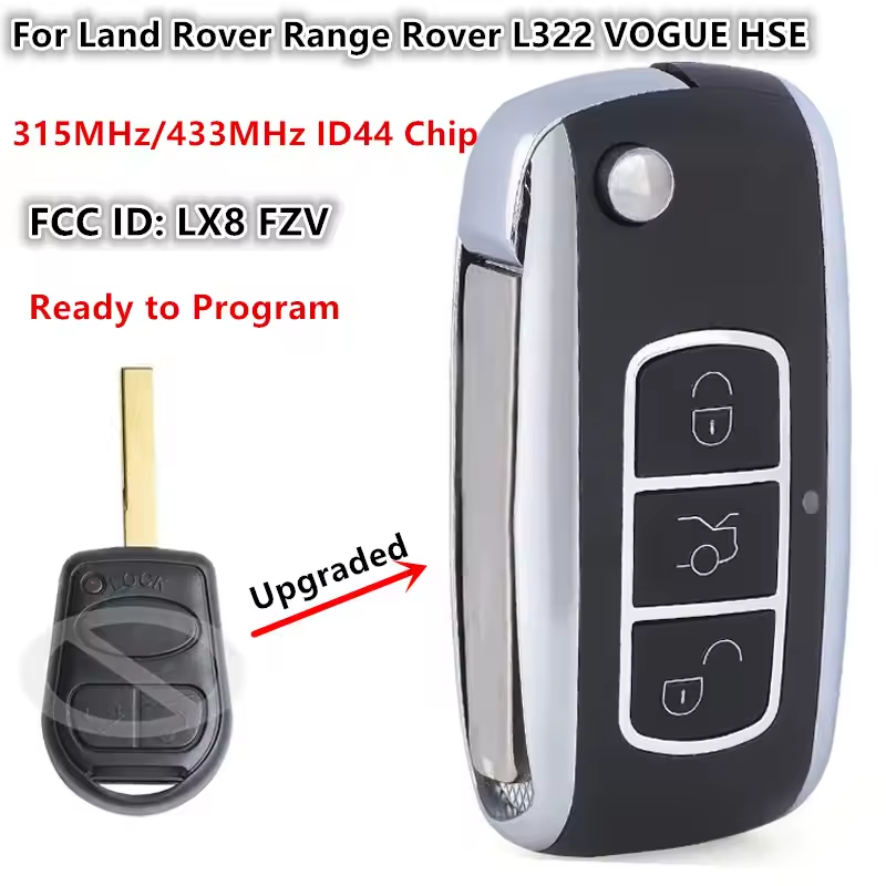 Upgraded Flip Remote Car Key Fob 3 Buttons 315MHz 433MHz ID44 Chip For Land Rover Range Rover L322 VOGUE HSE 2002 - 2008